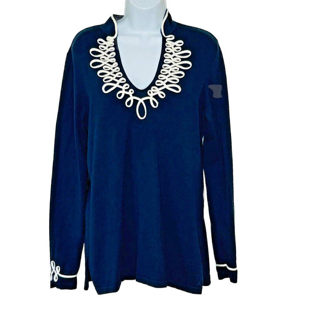 Vineyard Vines Sweater Size L Navy Cream Scroll Embroidery V‎ Neck Cotton